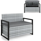 RELAX4LIFE Wicker Outdoor Bench with Storage - Rattan Deck Box w/Protective Liner for Pillows, Pool Supplies, Garden Tools, Patio Loveseat with Seat Cushion & Metal Armrests for Backyard Porch Balcony