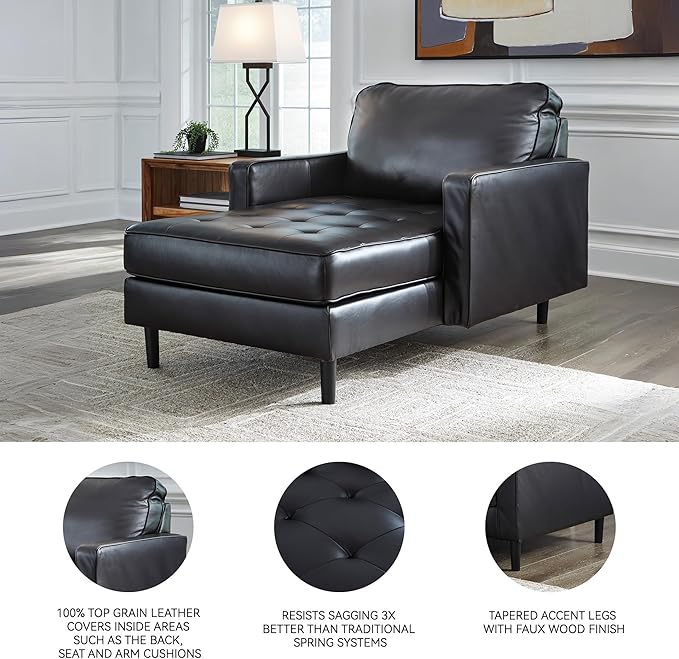Signature Design by Ashley Bryceview Modern Tufted Leather Match Chaise with Loose Seat Cushion, Black