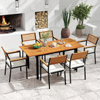 Tangkula 7 Piece Patio Dining Set, Outdoor Acacia Wood Cushioned Chairs and 51”-64” Expandable Rectangular Table Set, with Umbrella Hole, 6 Stackable Armchairs, for Poolside Garden (Off White)