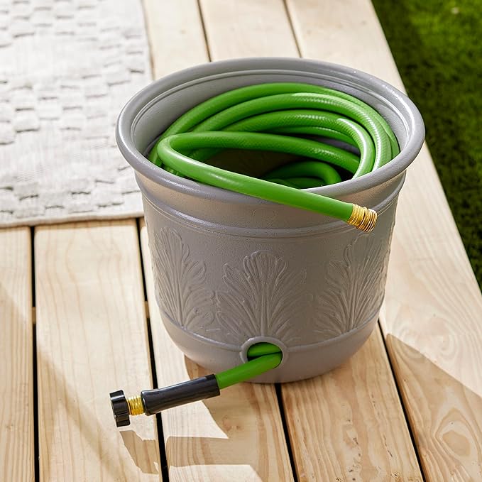 Suncast 300 Foot Heavy Duty 5 Gallon Decorative Plastic Hose Pot for Expandable and Lightweight Hoses, Ideal for Garden, Patio and Backyard Use