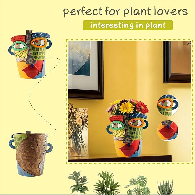 Picasso Abstract Face Flower Pot,Unique Resin Crafted Planter with Drainage Holes,Interesting Colorful Planter with Human face,for Indoor and Outdoor Botanical Home décor (Modern)