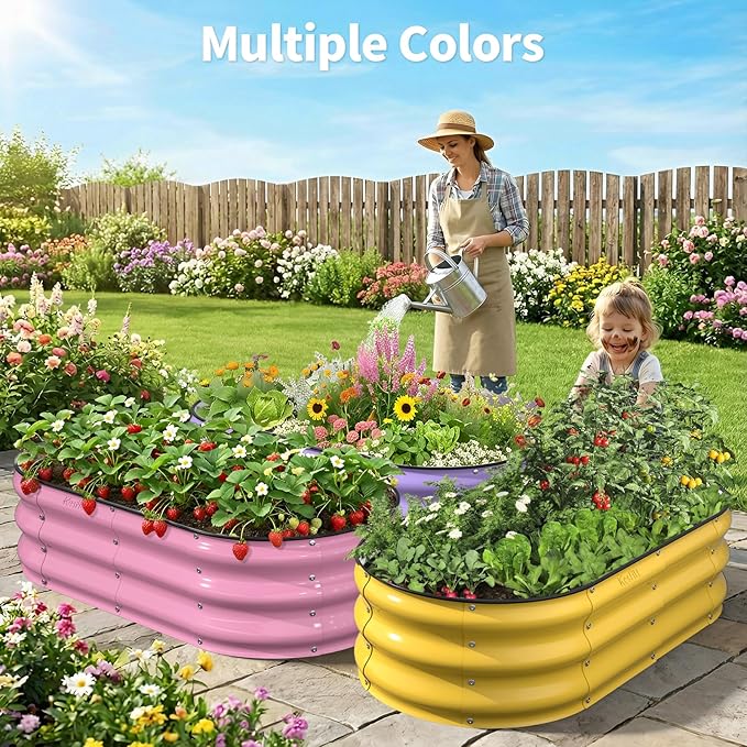 Kesfitt Raised Garden Bed, 4x2x1 FT Galvanized Steel Metal Raised Garden Bed, Oval Open-Bottom Design, 12-Inch Deep for Outdoor Vegetable & Herb Gardening, Fruit Green