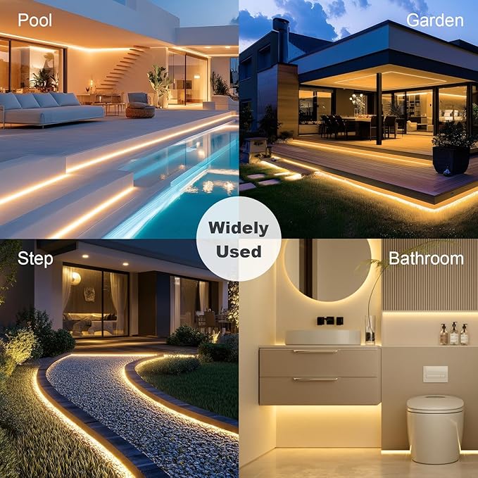 100ft COB Outdoor LED Strip IP67 Waterproof, 3000K Warm Whit DC24V Flexible LED Rope Strips with Remote & App Control Dimmable, DIY Lighting for Indoor, Outdoor, Garden, Patio（2 Rolls）