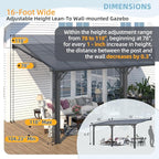 AECOJOY 10' x 16' Adjustable Height Outdoor Lean to Gazebo Pergola for Patio, Large Wall-Mounted 6.5-9.8 Ft Hard Top Metal Heavy Duty Metal Awnings Shelter Pergolas and Gazebos Clearance with Roof