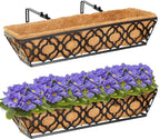HFHOME 24 Inch Window Deck with Coco Liner, 24" Window Boxes Horse Trough with Coconut Coir Liner, Black Metal Hanging Flower Planter Basket Railing Planter for Outdoor Indoor Lawn - 2 Pack