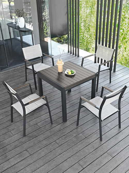 5 Pieces Outdoor Dining Set, Never-Rust Aluminum Expandable Patio Dining Table Set, 32"-65" Extendable Patio Table and Stackable Textilene Dining Chairs for Backyard, Deck, Indoor, Limed Oak