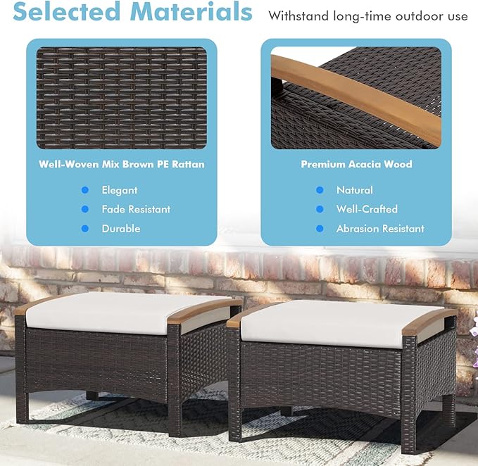 Tangkula 2 Piece Patio Rattan Ottomans, Outdoor Wicker Footstool w/Acacia Wood Handles, Soft Zippered Cushions, 3-in-1 Function Footstool Seat & Side Table for Backyard, Balcony, Poolside (Off White)