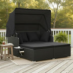 Tangkula Patio Rattan Daybed with Retractable Canopy, Outdoor Wicker Sunbed Lounger with 2 Foldable Side Tables, Thick Seat & Back Cushions, Outside Double Daybed for Garden, Backyard, Porch (Black)