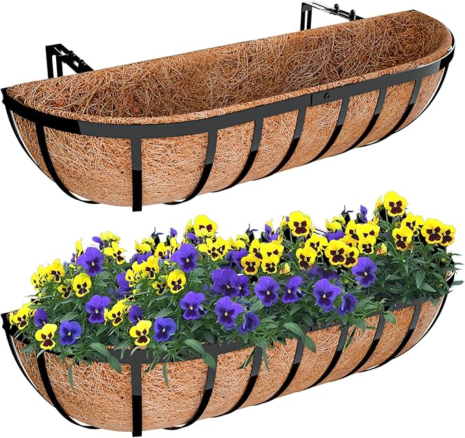 Halatool 2 Pack Heavy-Duty Metal Deck Railing Planter Box, 24 Inch Rust-Resistant Window Boxes Planters with Coco Liner & Adjustable Brackets, Grow More On Your Balcony, Patio & Fence