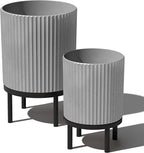 Veradek Demi Series Round Planter w/Stand for Porch/Patio | Durable Plastic-Stone Composite & Wooden Stand | Modern Décor for Tall Plants, Flowers