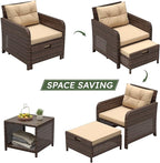 LHBcraft Balcony Furniture 5 Piece Wicker Patio Furniture Set, Outdoor Hand-Woven Rattan Lounge Chairs with Tempered Glass Coffee Table, Ottomans & Soft Cushions for Front Porch, Garden, Brown