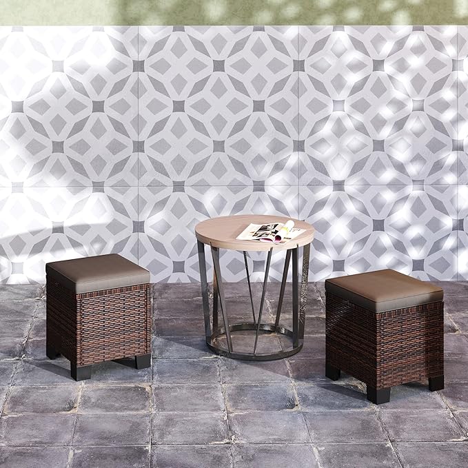 Outsunny 2 Pieces Outdoor Patio Ottomans, All Weather Wicker Outdoor Footstools with Removable Cushions, 3-in-1 PE Rattan Ottoman Seat, Footrest and Side Table for Backyard, Poolside, Gray