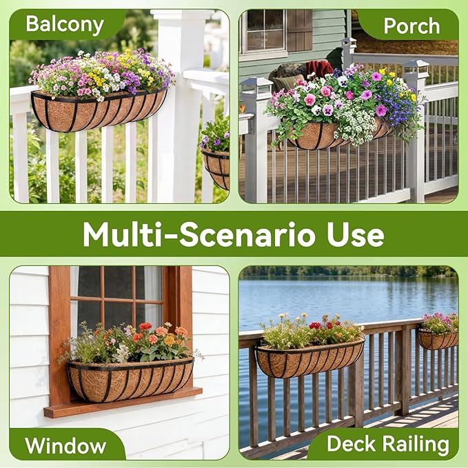 Halatool 2 Pack Heavy-Duty Metal Deck Railing Planter Box, 24 Inch Rust-Resistant Window Boxes Planters with Coco Liner & Adjustable Brackets, Grow More On Your Balcony, Patio & Fence