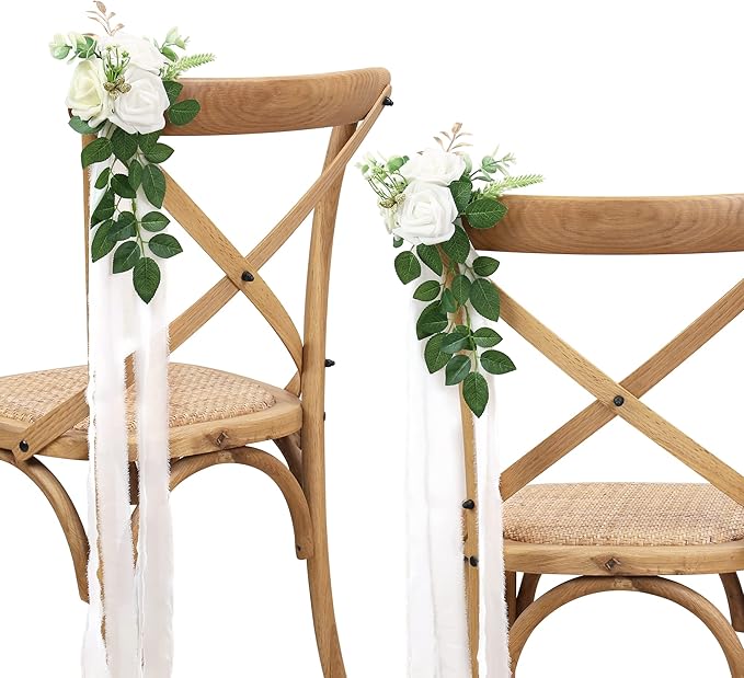 Artificial Rose Chair Flowers, White, Set of 10 for Wedding Aisle Decor