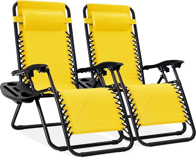 Best Choice Products Set of 2 Adjustable Steel Mesh Zero Gravity Lounge Chair Recliners w/Pillows and Cup Holder Trays - Sunflower Yellow