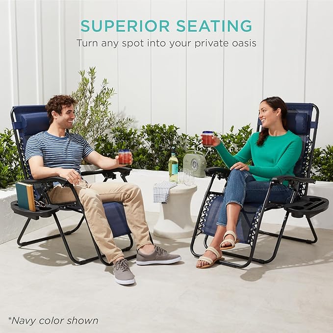 Best Choice Products Set of 2 Adjustable Steel Mesh Zero Gravity Lounge Chair Recliners w/Pillows and Cup Holder Trays - Mint