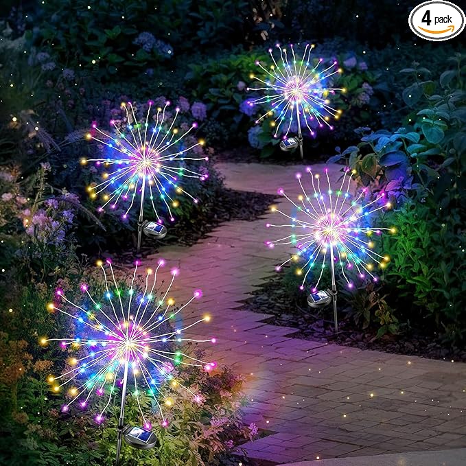 4 Pack Solar Firework Lights 200 LED Create Magical Nights, Waterproof Starburst Fairy Lights for Garden Yard Patio Christmas Romantic Wedding Party Decor(Color)