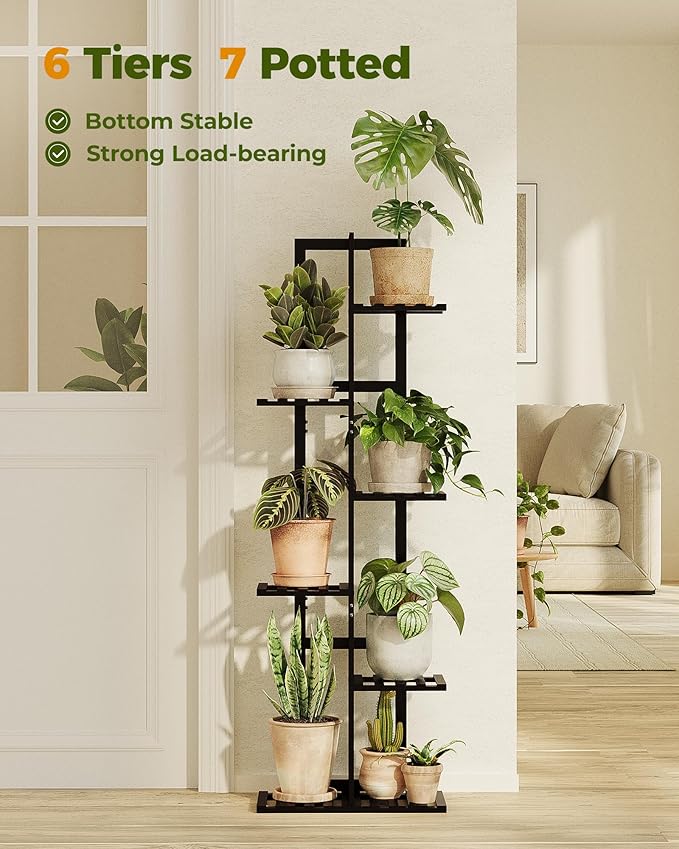 Bamworld Bamboo Plant Stand Indoor 6 Tiered Plant Shelf Outdoor Corner Plant Rack for Multiple Plants Flower Stand Plant Holder for Living Room Bedroom Balcony Patio Garden 48 Inch Black