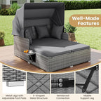 Tangkula Patio Rattan Daybed with Retractable Canopy, Outdoor Wicker Sunbed Lounger with 2 Foldable Side Tables, Thick Seat & Back Cushions, Outside Double Daybed for Garden, Backyard, Porch, Grey