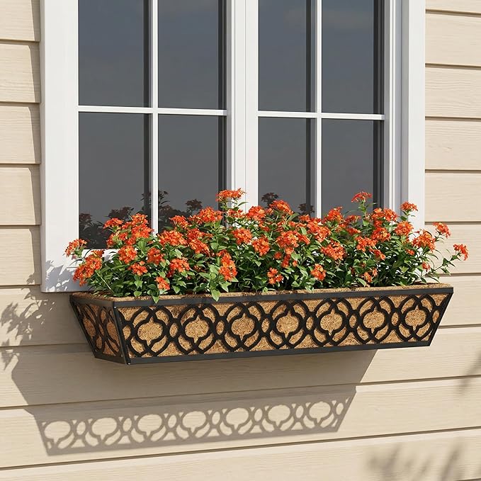 Y&M 4pcs 30" Horse Trough Window Boxes with Coconut Coir Liner, Black Metal Hanging Flower Planter Deck Railing Planter Boxes for Outdoor Indoor