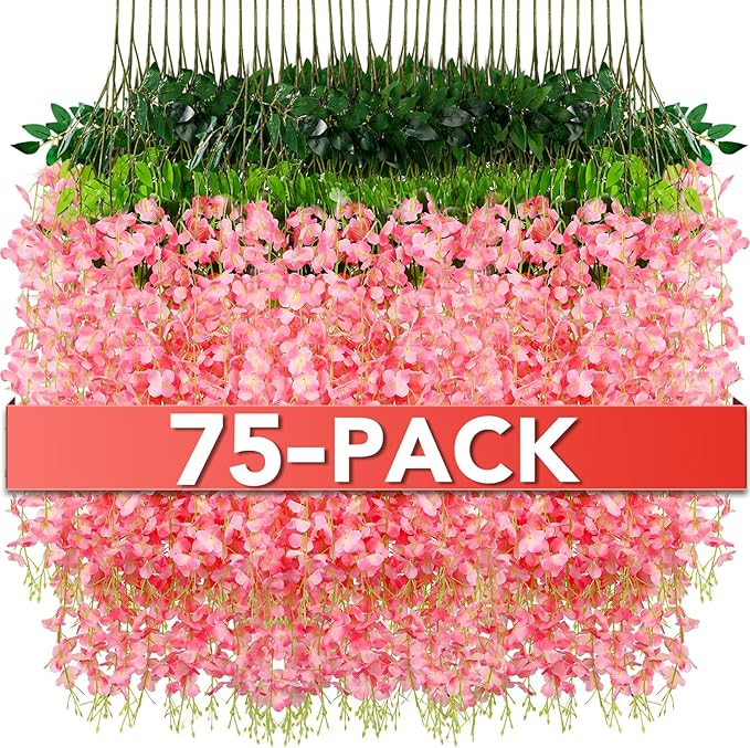 Artificial Wisteria Vines Pink 75 Pack, Silk and Plastic Hanging Flowers