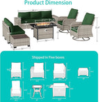 10-Piece Outdoor Patio Furniture Set with Rocking Swivel Chair, PE Wicker Rattan Sectional Sofa Patio Conversation Set with 55,000 BTU Fire Pit Table & Coffee Table, Green