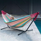 Vivere Double Cotton Hammock with Space Saving Steel Stand, Upgraded Polyester End Strings 450 lb Capacity - Premium Carry Bag Included - USA Grown Cotton (Salsa)