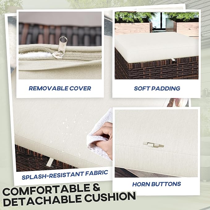 Outsunny 2 Pieces Outdoor Patio Ottomans, All Weather Wicker Outdoor Footstools with Removable Cushions, 3-in-1 PE Rattan Ottoman Seat, Footrest and Side Table for Backyard, Poolside, Beige