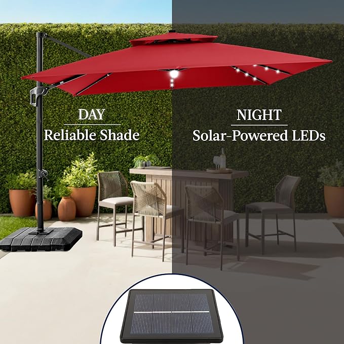 Best Choice Products 9x12ft LED Cantilever Patio Umbrella w/Base Included & 360° Rotation, Large Solar Offset Hanging Outdoor Sun Shade for Deck, Backyard Table w/Stand & Lights – Red
