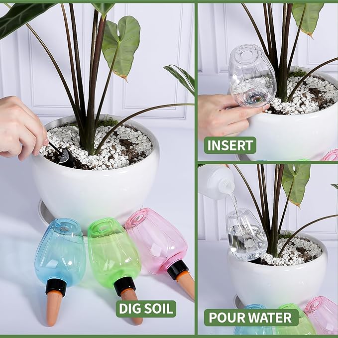 4 Pcs Plant Watering Globes Self Watering Planter Insert Plants Top Fill Water Device Plastic Water Bulbs Slow Release Terracotta for Plants, Pink