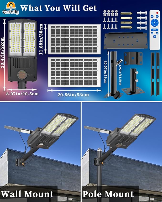 Solar Street Light, 104 LED Beads, 40000mAh Battery, Black Aluminum