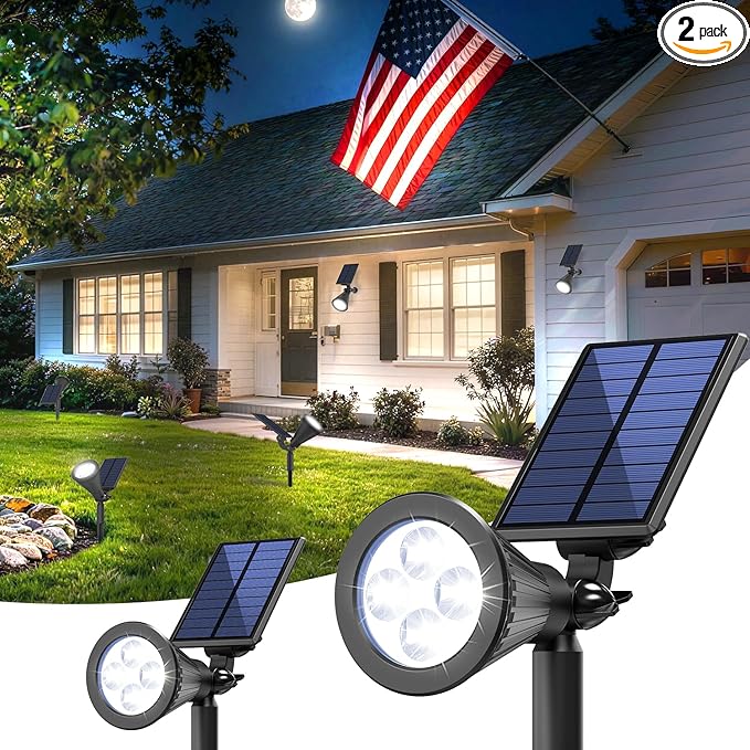 Solar Lights Outdoor Waterproof IP65,6500K Super Bright LED,2 Lighting Modes, Solar Powered Yard Garden Solar Spot Lights for Flag Landscape Auto On/Off-2 Pack