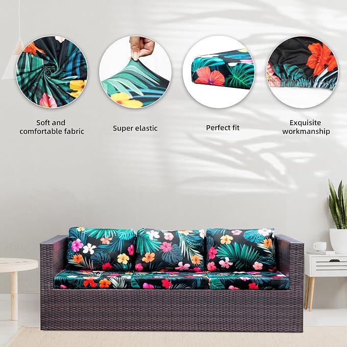 Outdoor Cushion Covers 8 Pack, Stretch Sofa Slipcovers in Flowered Leaves
