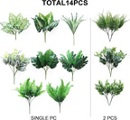 Artificial Greenery Plants, 14 Pieces in 11 Varieties, UV-Resistant Plastic