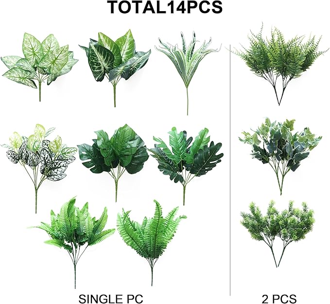 Artificial Greenery Plants, 14 Pieces in 11 Varieties, UV-Resistant Plastic