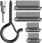 PlusRoc 60 Pack Ceiling Hooks for Hanging Plants Outdoor String Lights Heavy Duty, 2.2 Inch Eye Hook Screw in Cup Hooks Q-Hanger for Patio Lights, Wall Wood Fence Deck Mount(Black)
