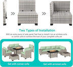 7-Piece Outdoor Patio Furniture Set with 55,000 BTU Fire Pit Table, PE Wicker Rattan Sectional Sofa Patio Conversation Set with Thickened Cushions & Coffee Table, Light Green