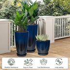 24/21/12 Inch Large Plastic Planter, Lightweight Ceramic-Look Tall Planters with Drain Hole & Saucers, Tall Plastic Planters for Porch, Garden, Patio, Balcony(Dark Blue)
