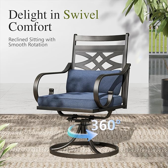 Sophia and William Swivel Patio Dining Set for 6, Outdoor Table and Chairs, Removable Blue Seat Cushions, 60" Black Patio Dining Table,Blue
