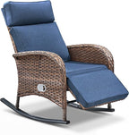 Zero Gravity Patio Rocking Wicker Recliner Chair - Wicker Outdoor Lounge Chair with Adjustable Backrest & Footrest, All Weather Reclining Rocker Chairs with Thick Cushion for Pool Deck Blue