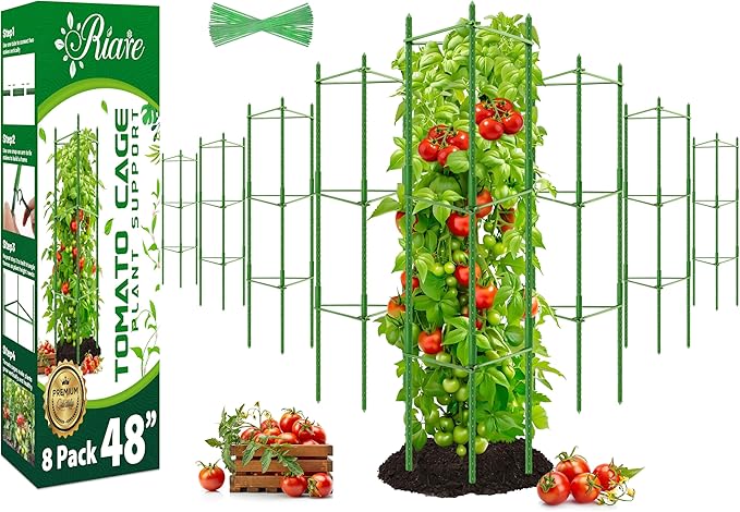 Riare 8 Pack 4 FT Tomato Cages for Garden- 48inches Heavy Duty Garden Stakes, Adjustable Tall Tomato Plant Support Tomato Trellis Cage for Pots, Raised Garden Bed, Climbing Vegetables Plants Flowers