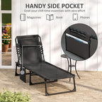 Outsunny Chaise Lounge Chair Outdoor, 5-Position Adjustable Sun Tanning Chair with Carrying Handle and Side Pocket, Folding Bed Cot with Removable Pillow for Garden, Beach, Patio, Pool, Camp, Black