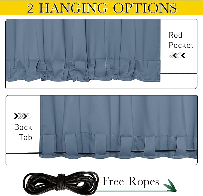 NICETOWN 2 Panels Weighted Outdoor Curtains for Patio Waterproof, Thermal Insulated Grommet & Back Tab on Top & Bottom Windproof Sun Blocking Draperies for Gazebo with Rope, Stone Blue, W66 x L84
