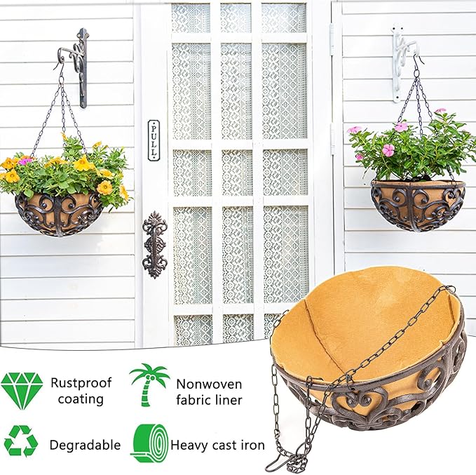 Hanging Planters, 2-Pack Rustic Brown Cast Iron Baskets with Fiber Liner