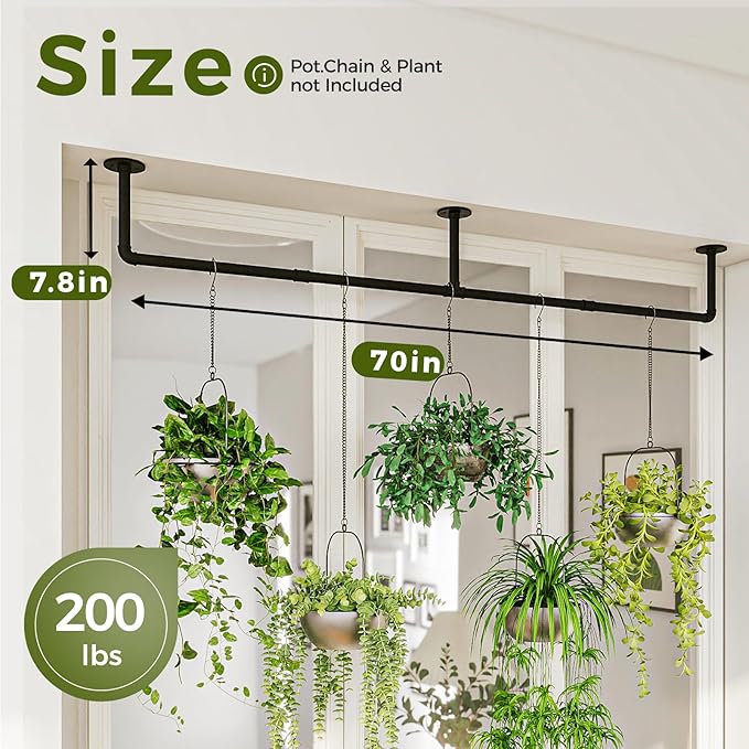 Bamworld Plant Hanger Indoor 70in Hanging Planters Rod Hanging Plant Holder for Window Plant Shelves Metal Rod，Pots Not Included