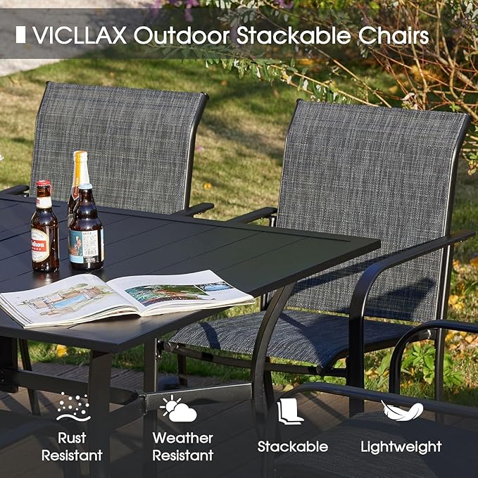 VICLLAX Patio Table and Chair Set of 6, All Weather Metal Round Outdoor Dining Furniture Set-47 Round Outdoor Table and Chairs, Grey Wood Grain Tabletop