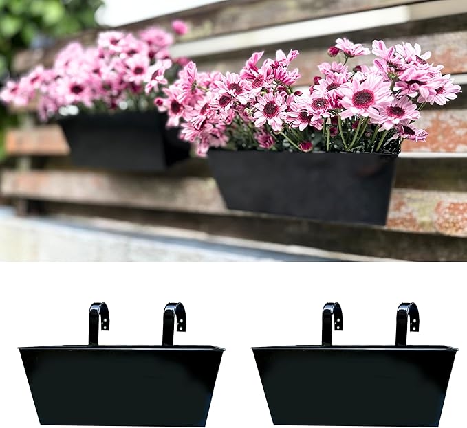 LaLaGreen Railing Hanging Planters (2 Pack, 16 Inch) Large Black Metal Strawberry Flower Pots Outdoor Countryside Modern Rectangle Succulent Planter with Drainage Holes Hanger Balcony Deck Fence Porch