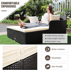 RELAX4LIFE Rattan Patio Outdoor Daybed, Wicker 2-Person Sunbed Loveseat with Soft Cushions, 4 Pillows, Curved Backrest & Armrest, Double Bed Lounger Sofa Set for Balcony Porch, Patio Bed (Beige)