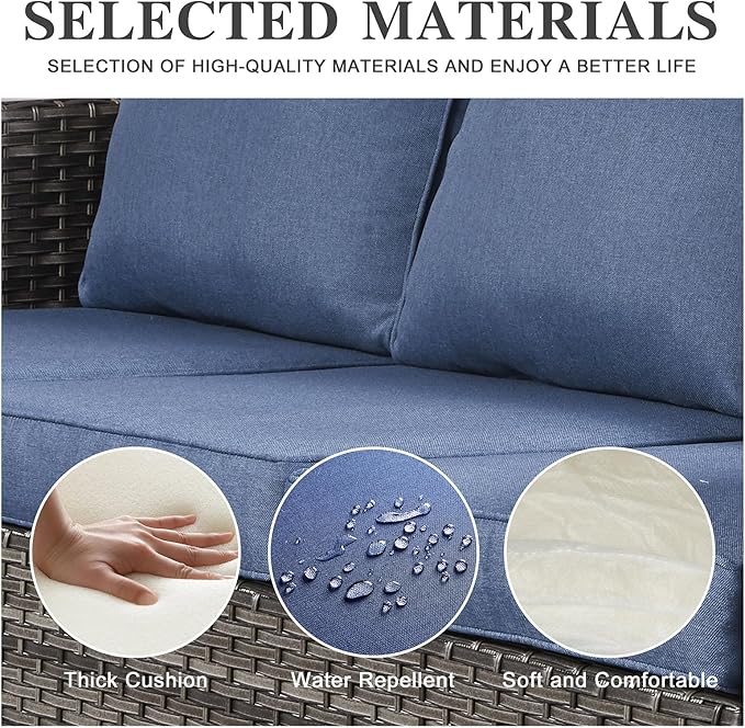 Belord 7 Piece Outdoor Furniture Patio Wicker Sofa Set, Oversize Outdoor Dining Chairs with Rattan Ottomans, Conversation Sets Patio Furniture Come with Removable Washable Cushion Blue