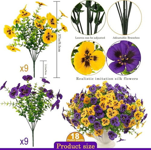 18 Pcs Artificial Fake Pansy Flowers for Outdoor, Faux UV Resistant Silk Pansies Flowers for Outside Planter Front Door Porch Yard Patio Window Box Home Decor (18, Yellow,Purple)